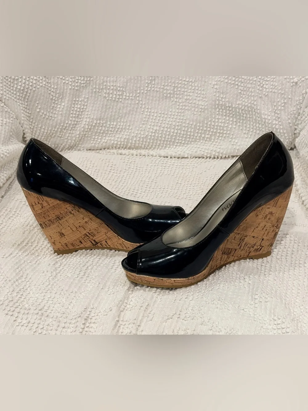Sam & Libby Black Patent Cork Wedge Peep Toe Pumps - Picture 3 of 8